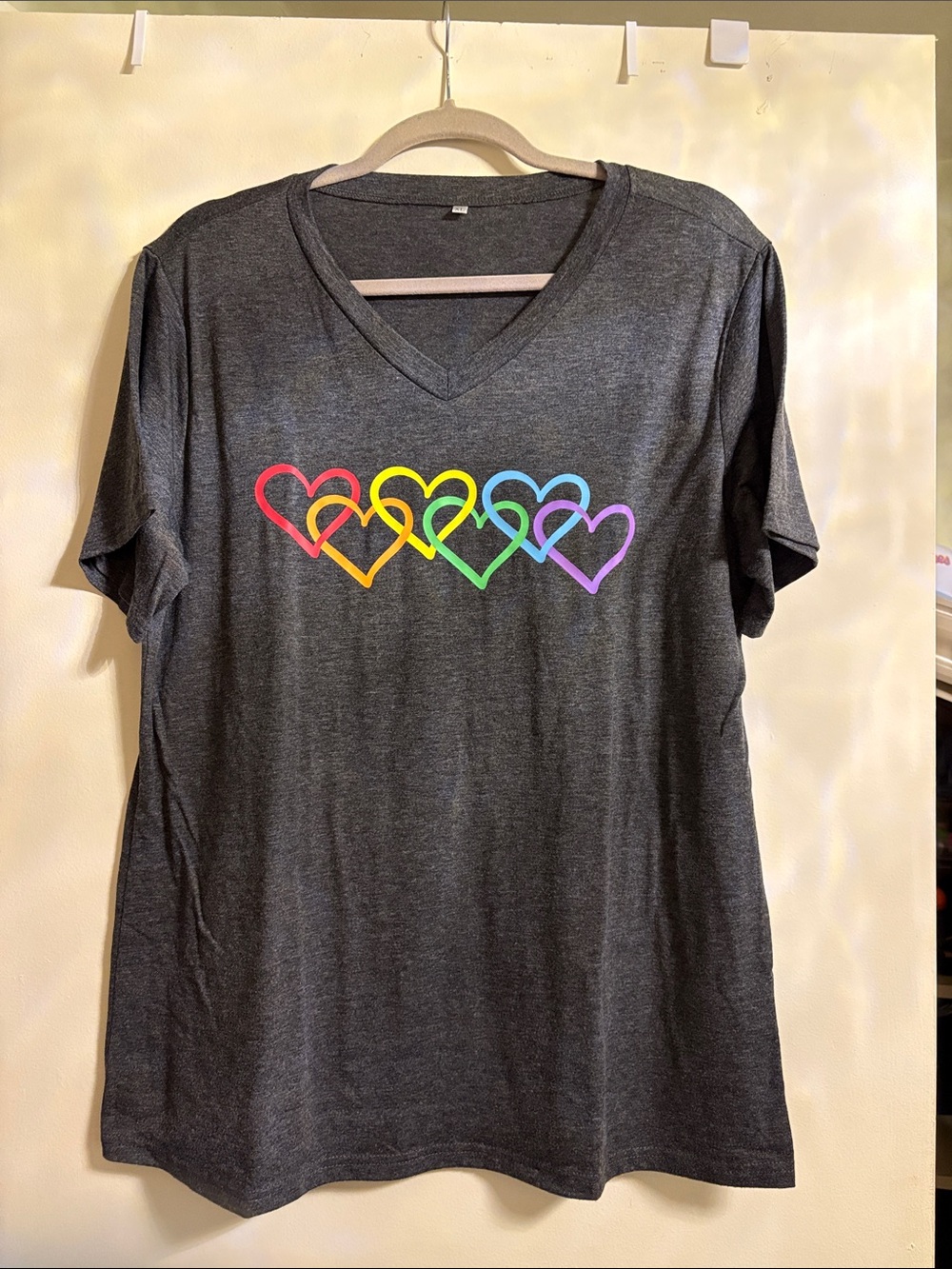 Charcoal V-Neck Rainbow Hearts Graphic Tee